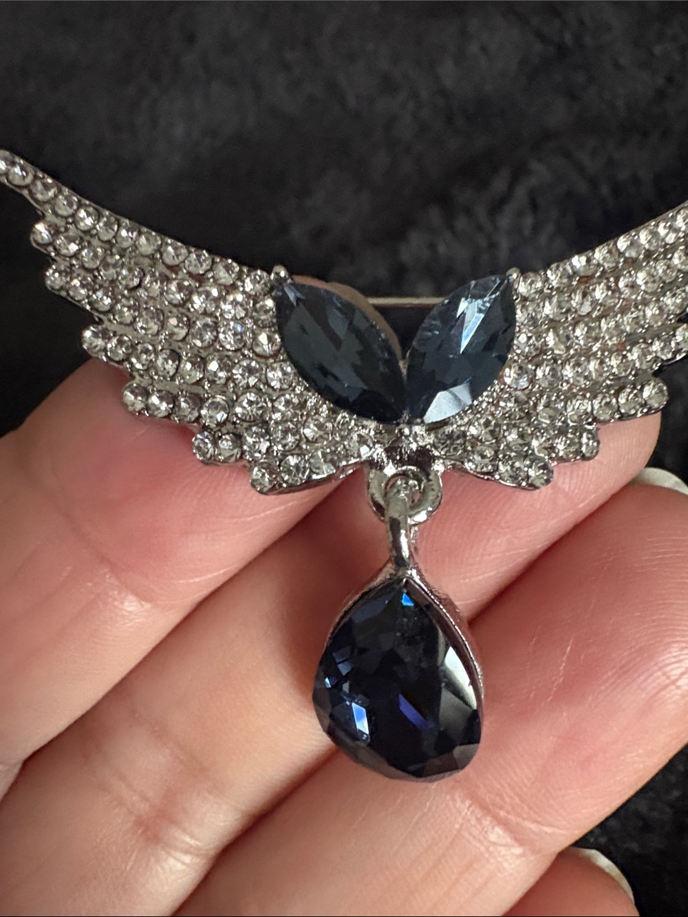 Crystal Wing Brooch with Deep Navy Teardrop Accent